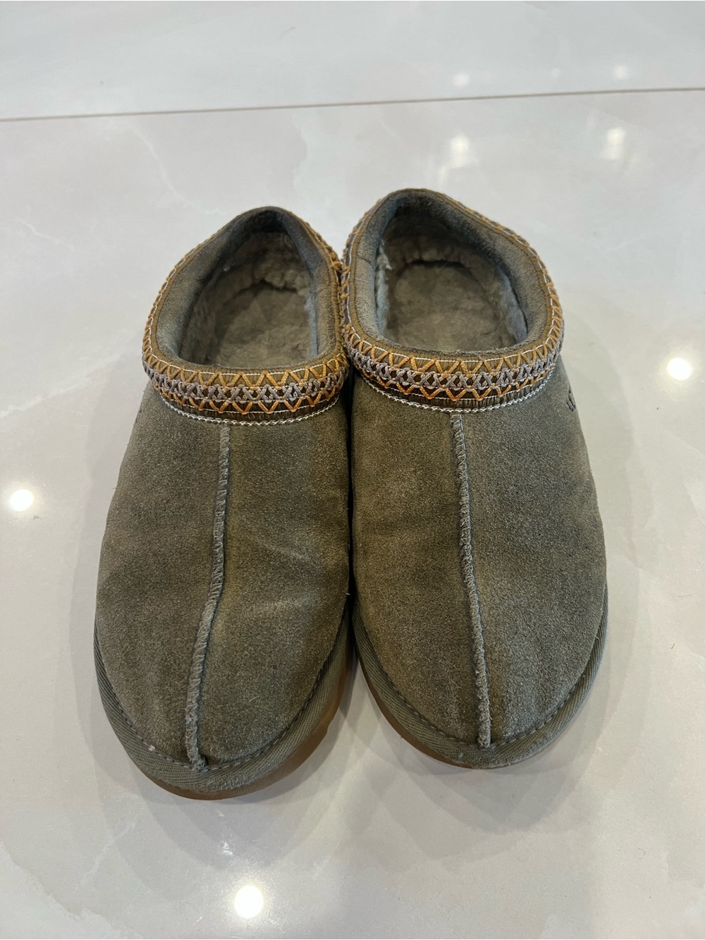 UGG Olive Green Suede Shearling Slip-On Slippers - Picture 5 of 7
